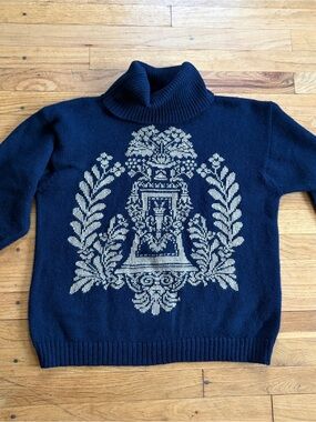 Jones New York Fair Isle Graphic Turtleneck Sweater hand embroidered 100% wool
